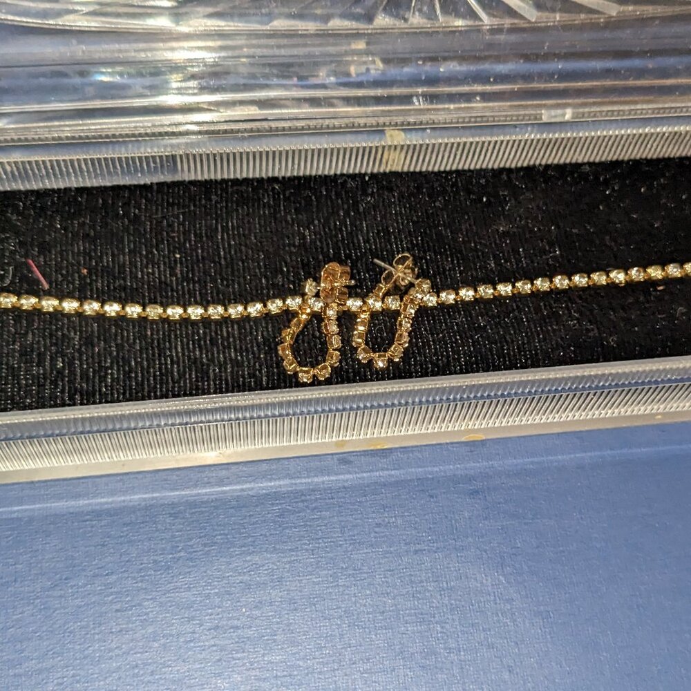 Crystal Rhinestone Box Link Bracelet 6.75" & Pierced Earrings